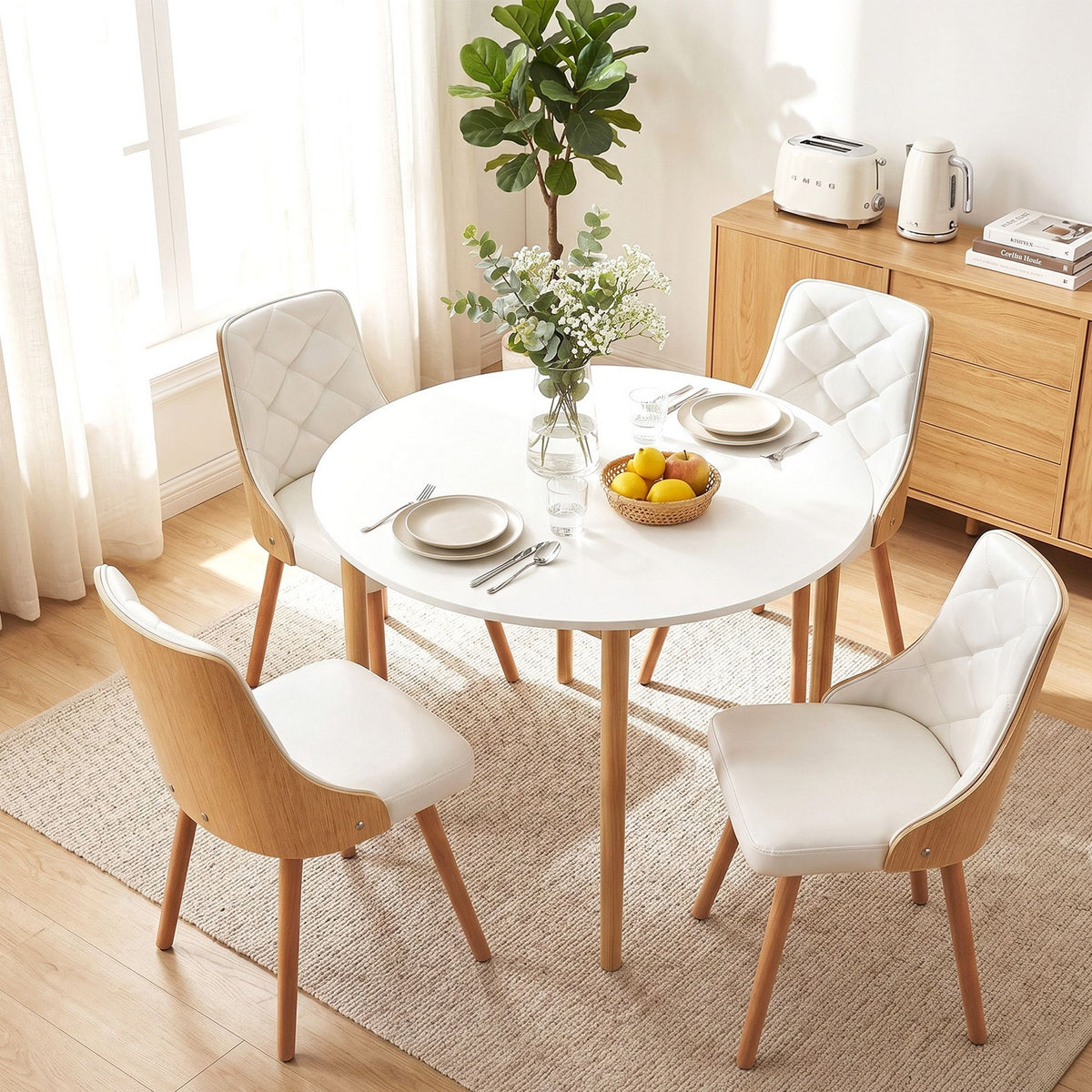 Dining Table and Chairs Set 5PCS Round 4 PU Leather Seater Dining Set White