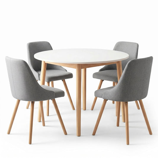 Round Dining Table and Chairs Set 5pcs Compact Kitchen Furniture White Natural Wood & Grey