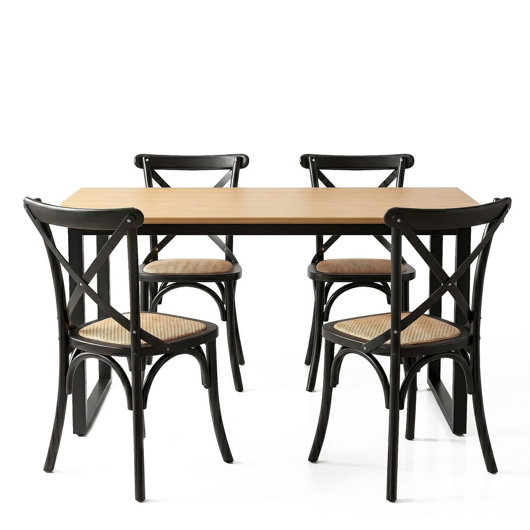 Dining Table and Chairs Set 5PCS Industrial 4 Black Rattan Chairs for Kitchen, Dining Room, Café