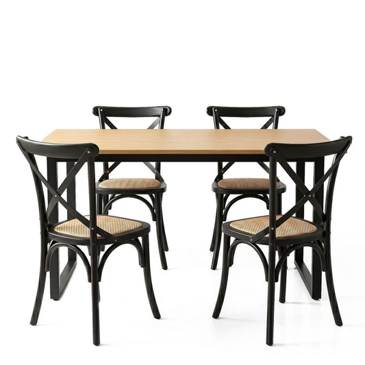 Dining Table and Chairs Set 5PCS Industrial 4 Black Rattan Chairs for Kitchen, Dining Room, Café
