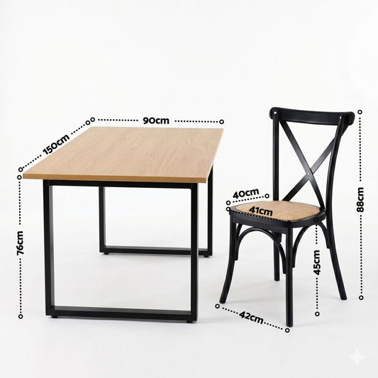 Dining Table and Chairs Set 5PCS Industrial 4 Black Rattan Chairs for Kitchen, Dining Room, Café