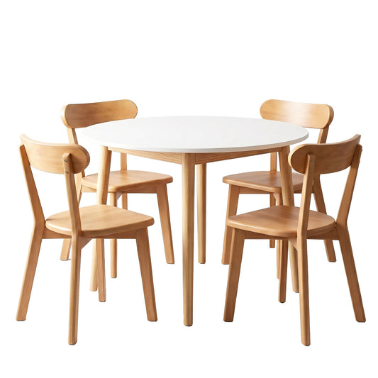 Round Dining Table and Chairs Set 5 PCS, 108cm Compact Kitchen Table Set with Solid Pine Wood Legs & 4 Ergonomic Rubber Wood Chairs,White Timber Dining Set for Small Space