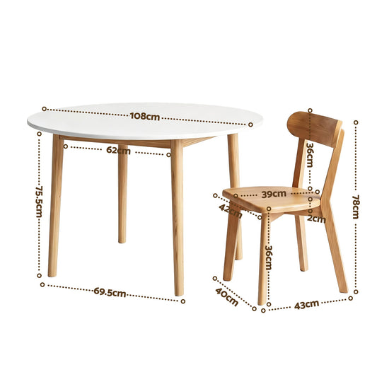 Round Dining Table and Chairs Set 5 PCS, 108cm Compact Kitchen Table Set with Solid Pine Wood Legs & 4 Ergonomic Rubber Wood Chairs,White Timber Dining Set for Small Space