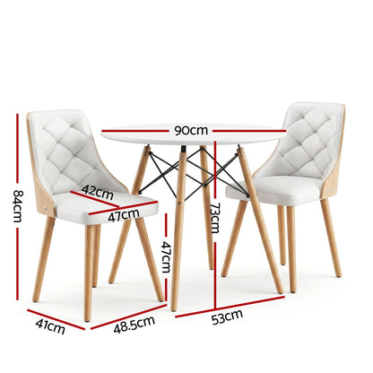 Dining Table and Chairs Set 3PCS 90cm 2 Seater Round Dining Set for Kitchen, Apartment, Dining Room White