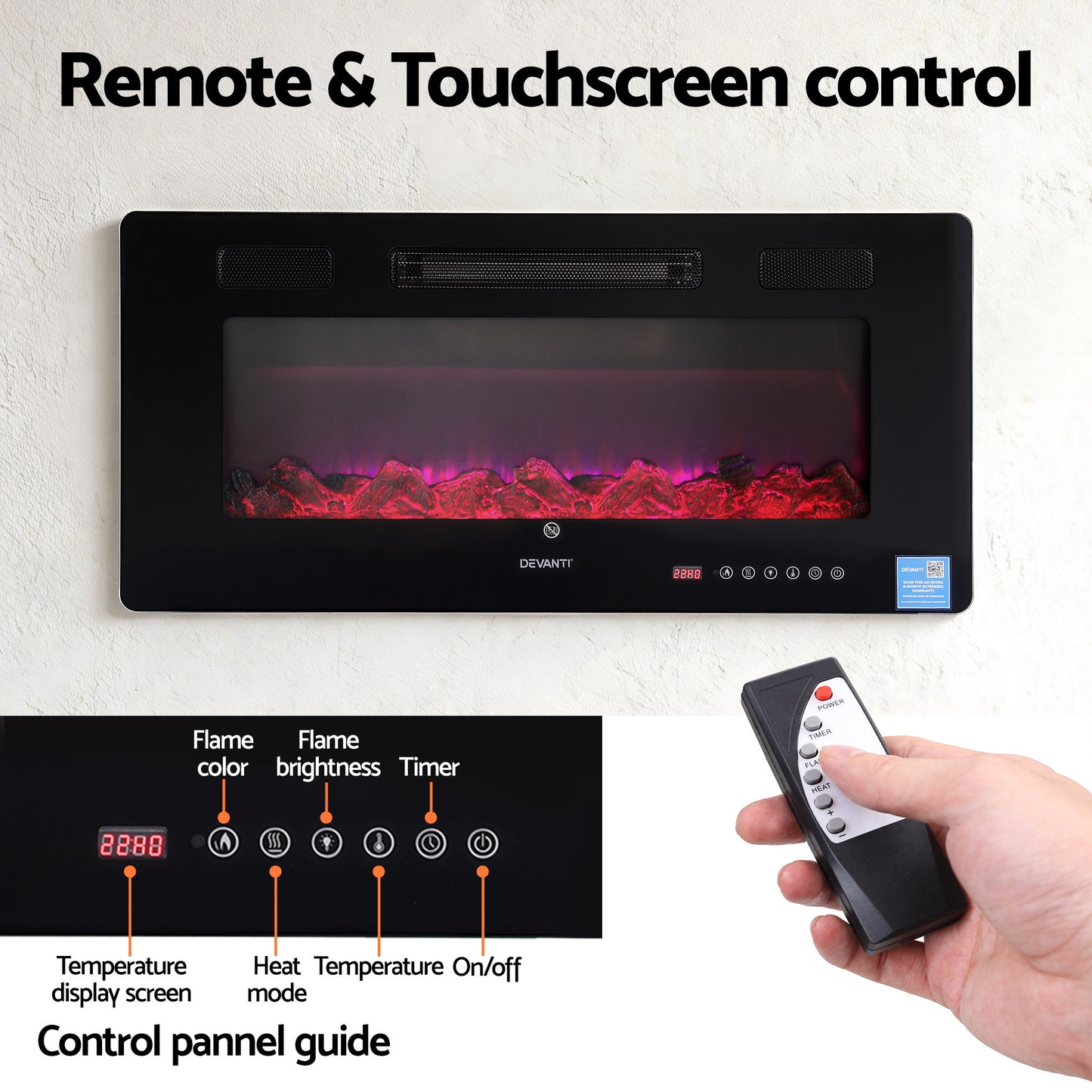 Electric Fireplace Fire Heater Wall Mounted Insert 3D Flame 1800W Remote Control