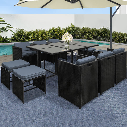 Black 11-piece wicker outdoor dining setting - black - Table: 164.5cm x 107cm x 74cm; Chair: 53.5cm x 53.5cm x 68cm; Ottoman: 45cm