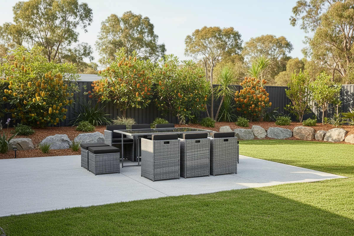 Mixed Grey 11-piece wicker outdoor dining setting - grey - Table: 164cm x 103cm x 74cm; Chair: 50cm x 49cm x 68cm; Ottoman: 44cm x
