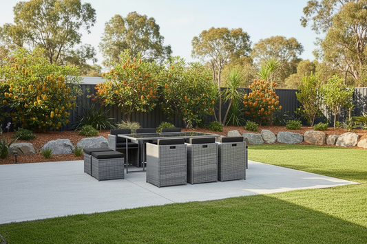 Mixed Grey 11-piece wicker outdoor dining setting - grey - Table: 164cm x 103cm x 74cm; Chair: 50cm x 49cm x 68cm; Ottoman: 44cm x