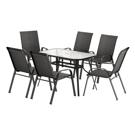 Black 7-piece steel outdoor dining setting - black - Chair: 56cm x 70cm x 90cm; Table: 120cm x 70cm x 74cm Australia