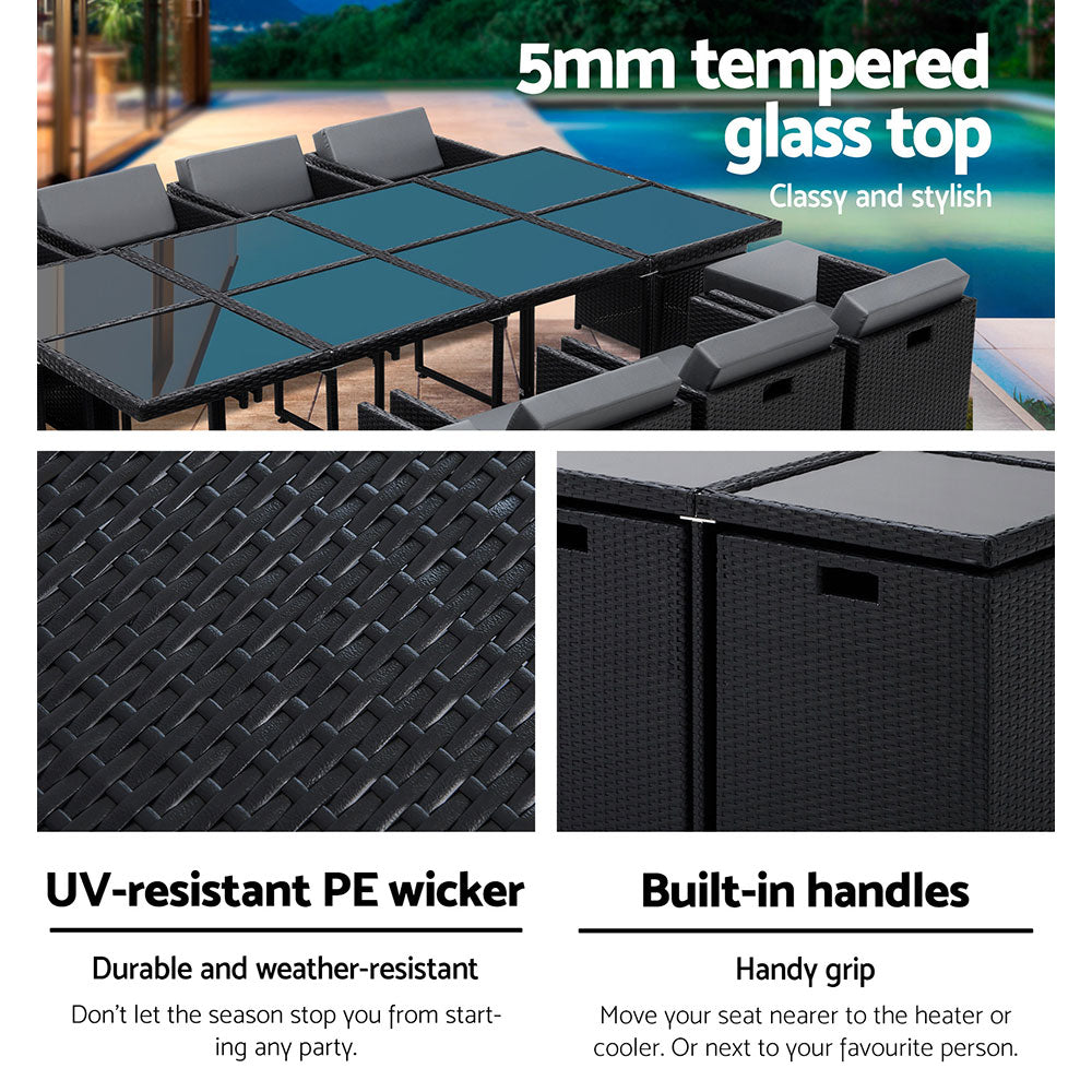 Gardeon Outdoor Dining Set 13 Piece Wicker Table Chairs Setting Black - Furniture > Outdoor > Outdoor Dining Sets