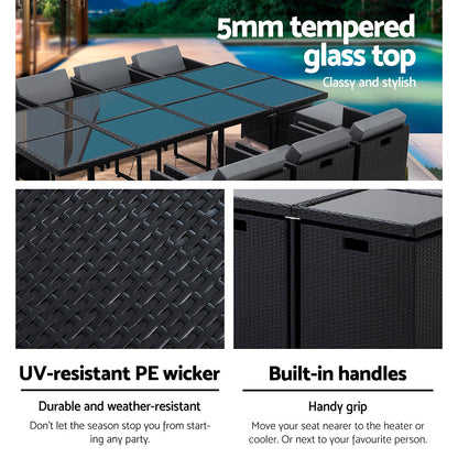 Gardeon Outdoor Dining Set 13 Piece Wicker Table Chairs Setting Black - Furniture > Outdoor > Outdoor Dining Sets