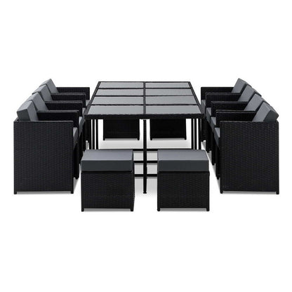 Gardeon Outdoor Dining Set 13 Piece Wicker Table Chairs Setting Black - Furniture > Outdoor > Outdoor Dining Sets