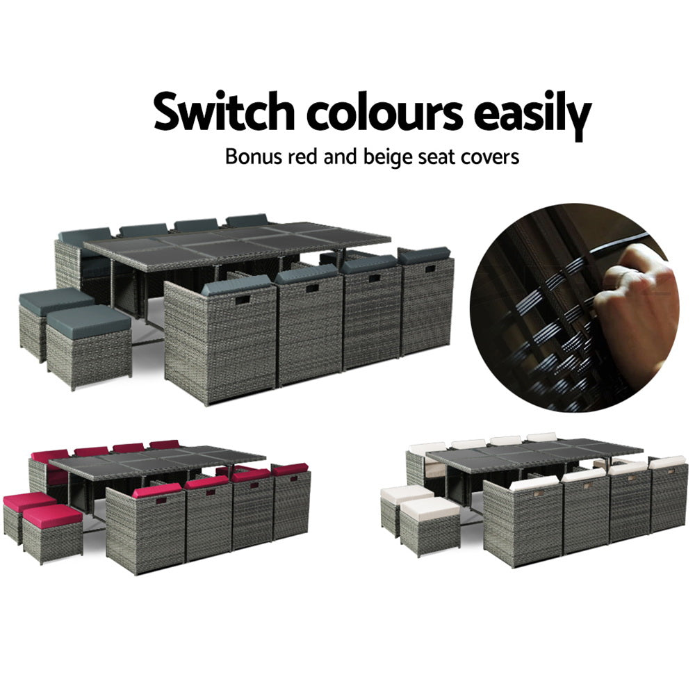 Gardeon Outdoor Dining Set 13 Piece Wicker Table Chairs Setting Grey - Furniture > Outdoor > Outdoor Chairs