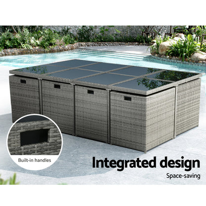 Gardeon Outdoor Dining Set 13 Piece Wicker Table Chairs Setting Grey - Furniture > Outdoor > Outdoor Chairs