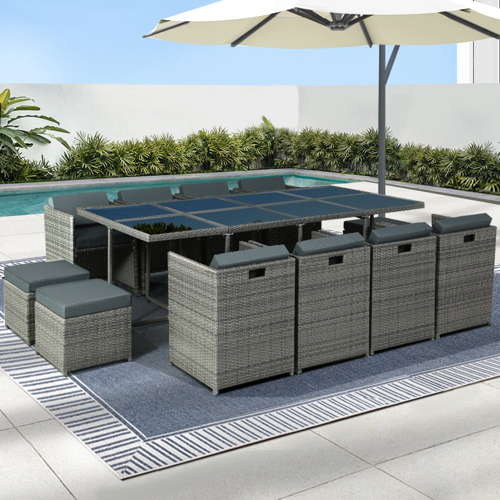 Gardeon Outdoor Dining Set 13 Piece Wicker Table Chairs Setting Grey - Furniture > Outdoor > Outdoor Chairs
