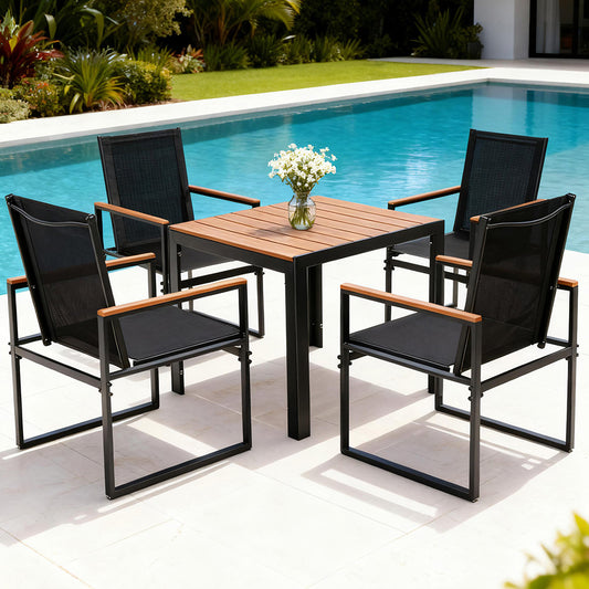 Black 5-piece outdoor dining set with textilene chairs - black - Chair: 54.5cm x 65cm x 97cm; Table: 80cm x 80cm x 70cm Australia