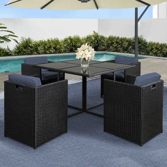 Black 5-piece wicker outdoor dining setting - black - Table: 108cm x 103cm x 74cm; Chair: 53.5cm x 53.5cm x 68cm Australia