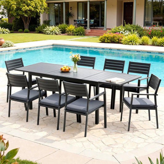 Black 9-piece aluminium extendable dining set - black - Table: 240cm x 90cm x 75.5cm; Chair: 55cm x 57cm x 84cm Australia