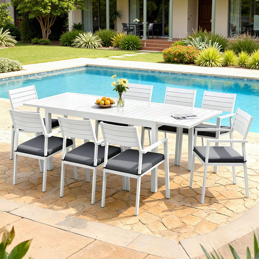 White 9-piece aluminium extendable dining set - white - Table: 240cm x 90cm x 75.5cm; Chair: 55cm x 57cm x 84cm Australia