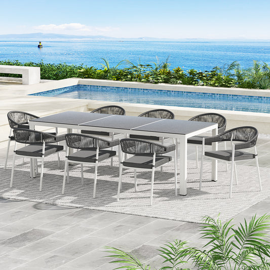 White 9-piece rope weave outdoor dining setting - white - Table: 220cm x 95cm x 74.5cm; Chair: 57cm x 57cm x 76.5cm Australia