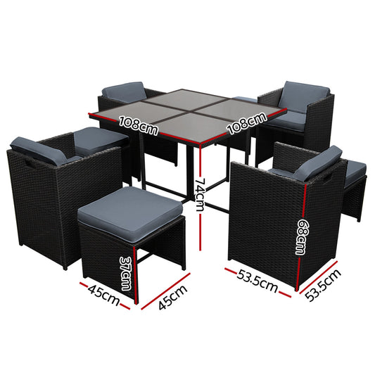9-Piece Wicker Outdoor Dining Setting - Black