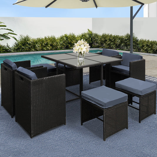 Black 9-piece wicker outdoor dining setting - black - Table: 108cm x 108cm x 74cm; Chair: 53.5cm x 53.5cm x 68cm; Ottoman: 45cm x 