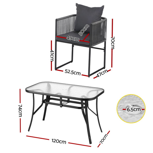 5-Piece Rope Weave Outdoor Dining Set - Black 120cm
