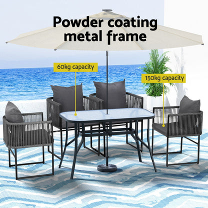 Gardeon 5PCS Outdoor Dining Set Table and Chairs Rope Patio Furniture Garden Black