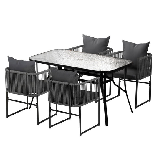 Black 5-piece rope weave outdoor dining set - black - Chair: 47cm x 70cm; Table: 140cm x 80cm x 74cm Australia