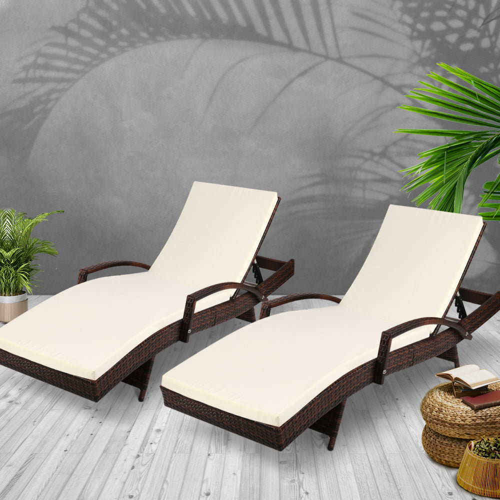 Gardeon 2PC Sun Lounge Wicker Lounger Outdoor Furniture Beach Chair Patio Adjustable Cushion Brown