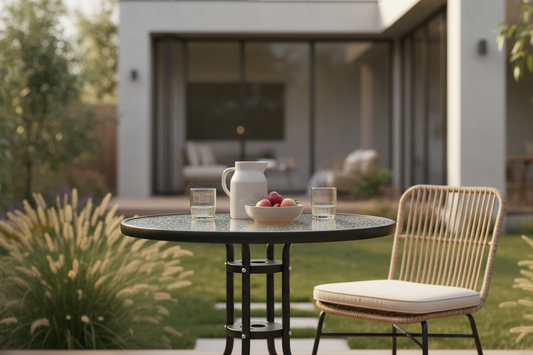 Outdoor patio dining setup with a round black glass-top table, a white ceramic pitcher, a bowl of fruit, two clear drinking glasses, and a woven rattan chair with a cream cushion, set in a modern garden courtyard.
