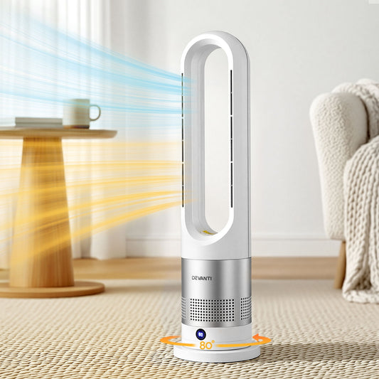 Bladeless Tower Fan Heater and Cooler 2in1 Portable Oscillation Fan for Bedroom Room Office Use White