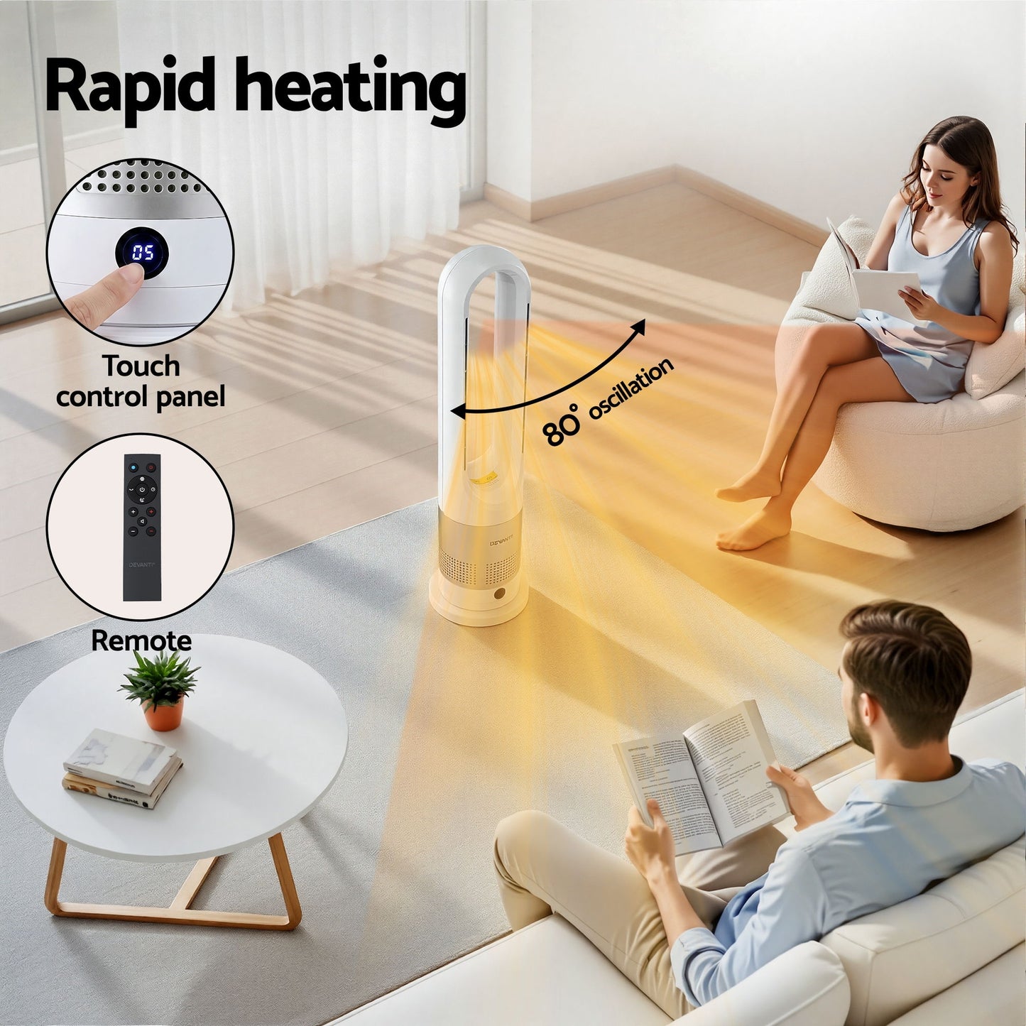 Bladeless Tower Fan Heater and Cooler 2in1 Portable Oscillation Fan for Bedroom Room Office Use White