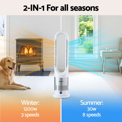 Bladeless Tower Fan Heater and Cooler 2in1 Portable Oscillation Fan for Bedroom Room Office Use White