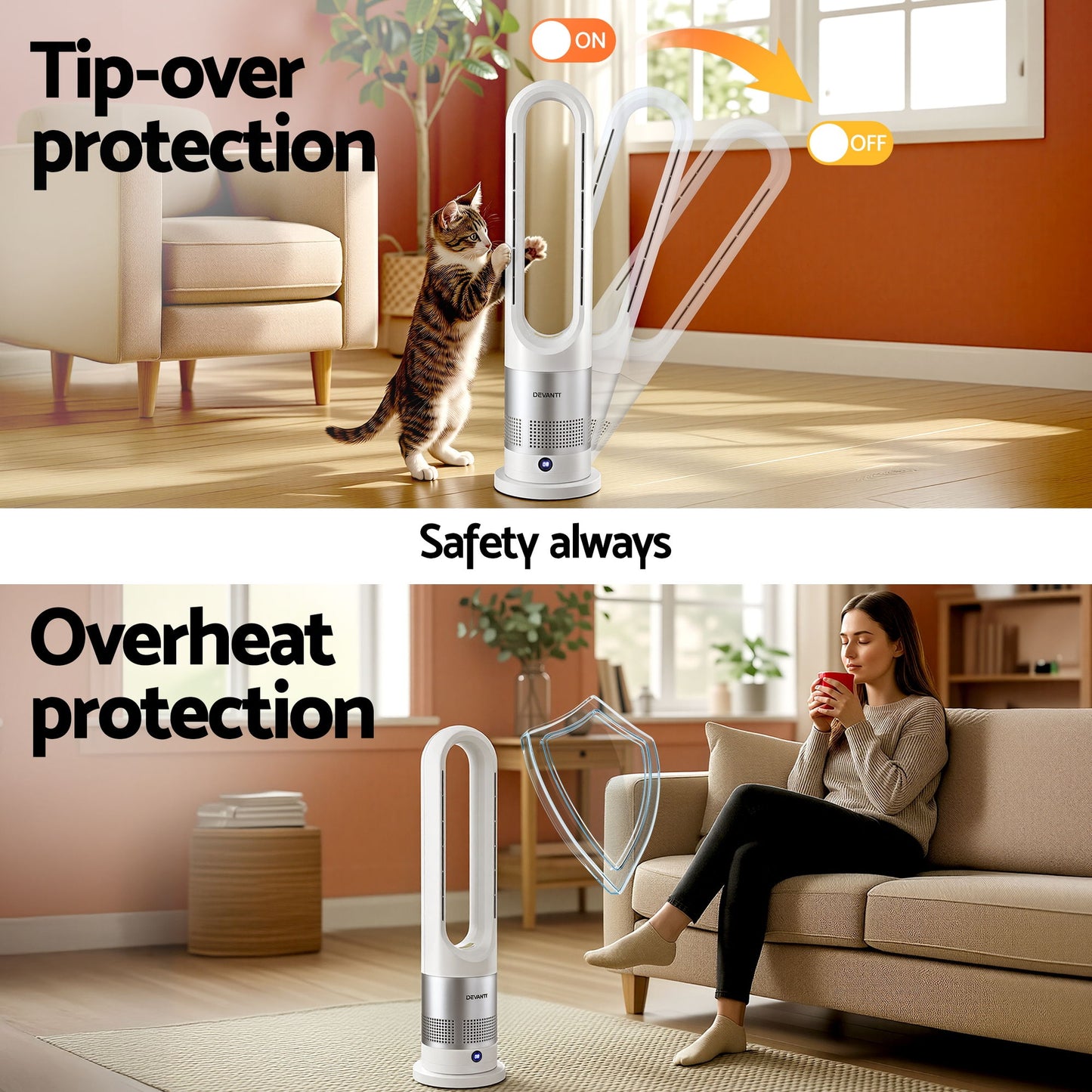 Bladeless Tower Fan Heater and Cooler 2in1 Portable Oscillation Fan for Bedroom Room Office Use White