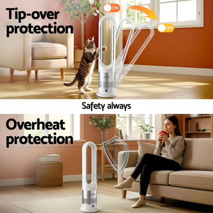 Bladeless Tower Fan Heater and Cooler 2in1 Portable Oscillation Fan for Bedroom Room Office Use White