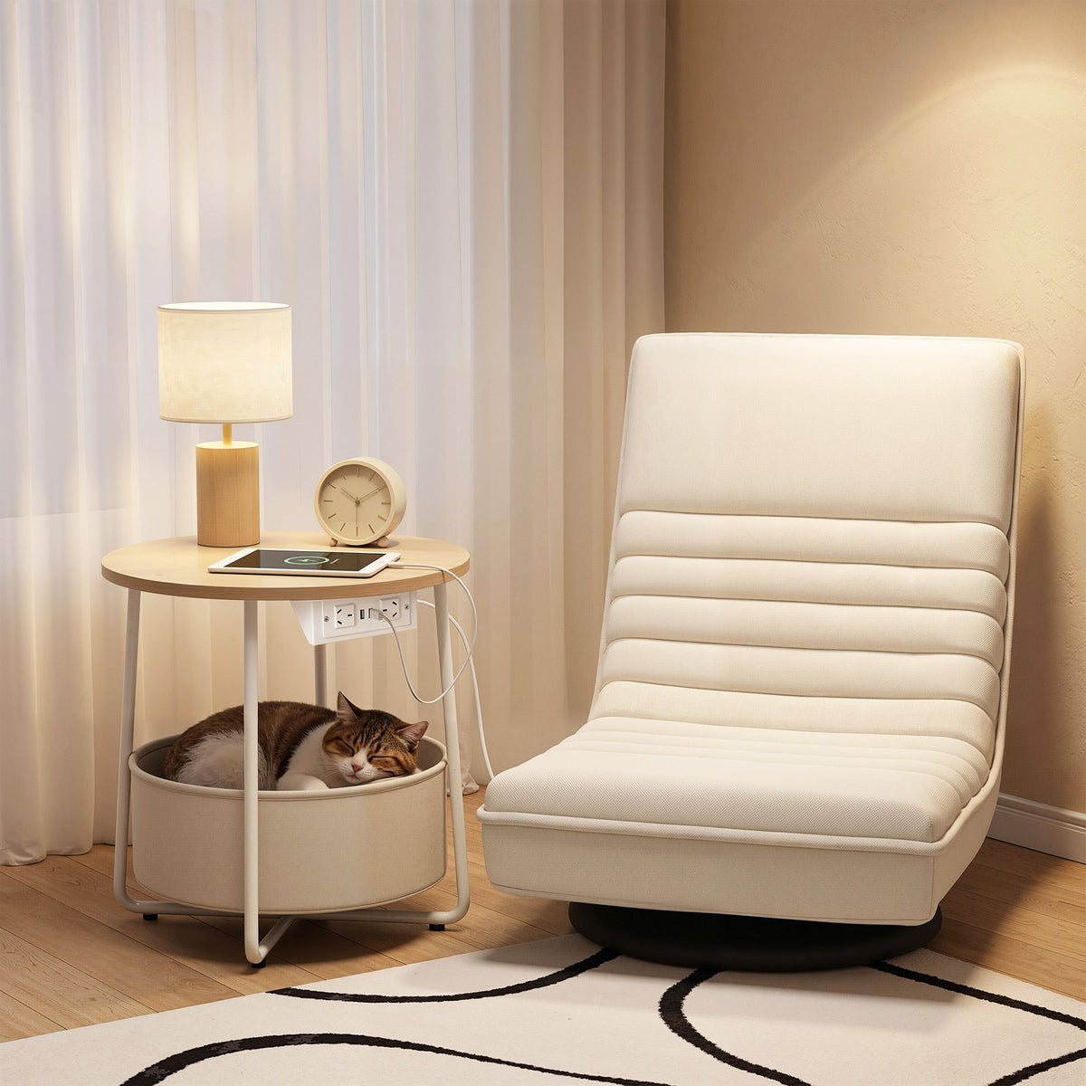 Floor Lounge & Round Coffee Table Side End Table with Charging Station Set