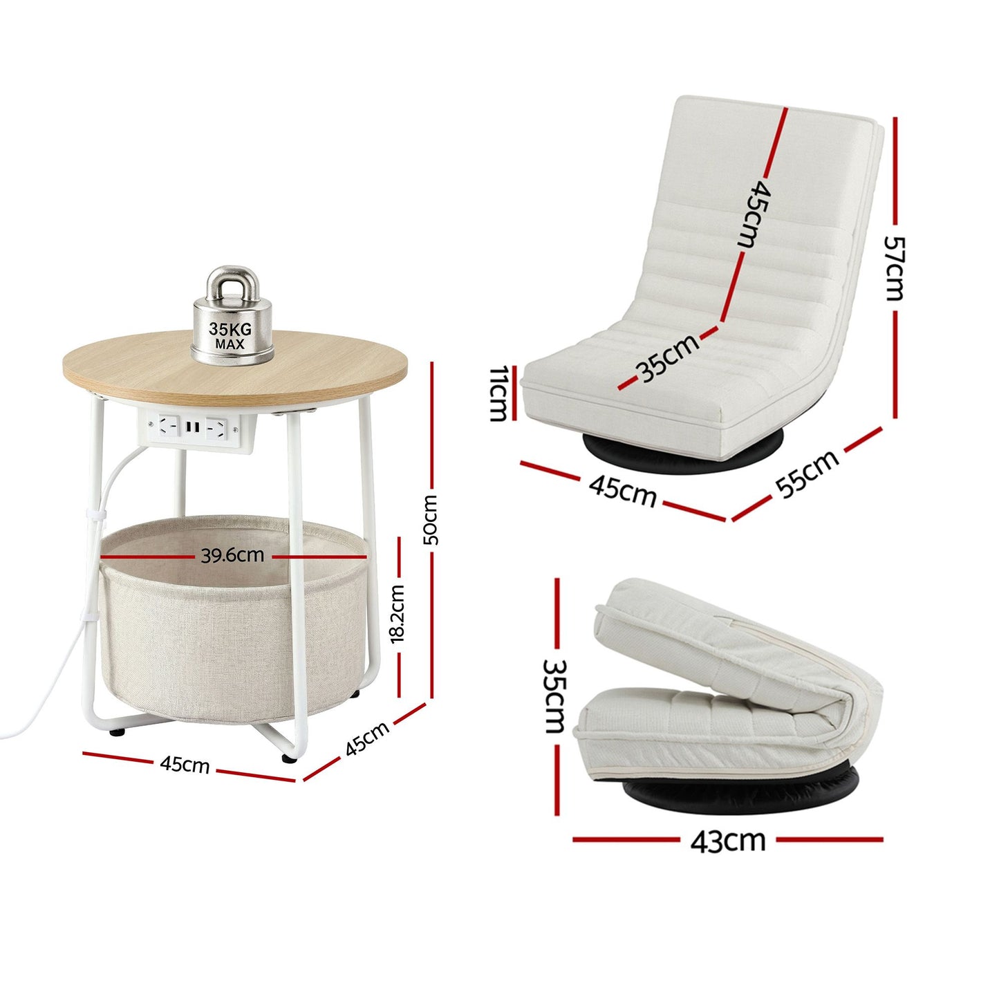 Floor Lounge & Round Coffee Table Side End Table with Charging Station Set