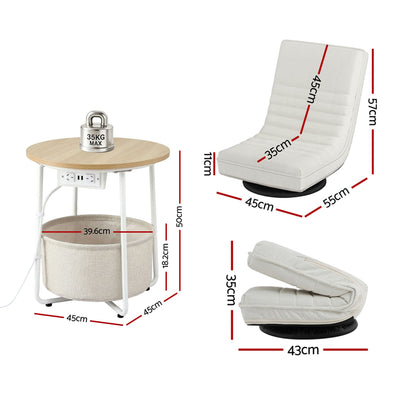 Floor Lounge & Round Coffee Table Side End Table with Charging Station Set