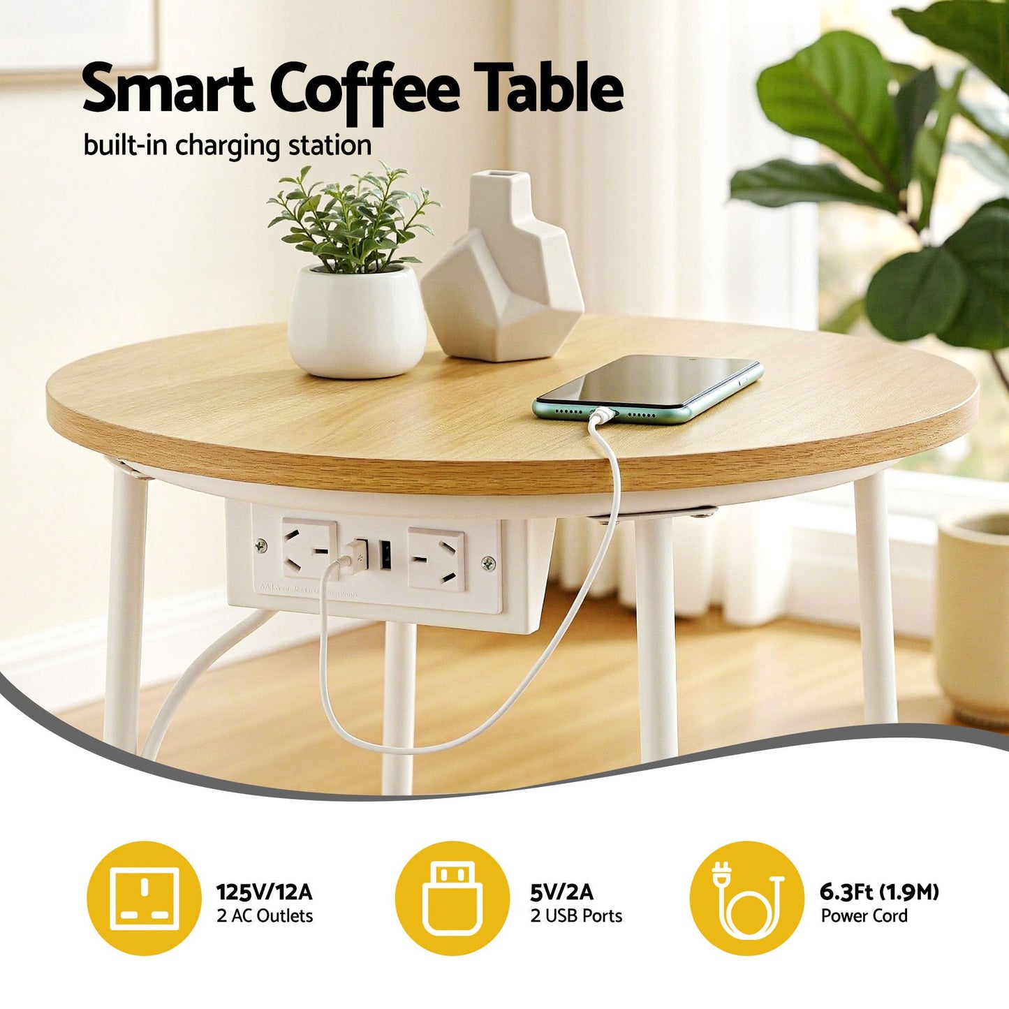 Floor Lounge & Round Coffee Table Side End Table with Charging Station Set