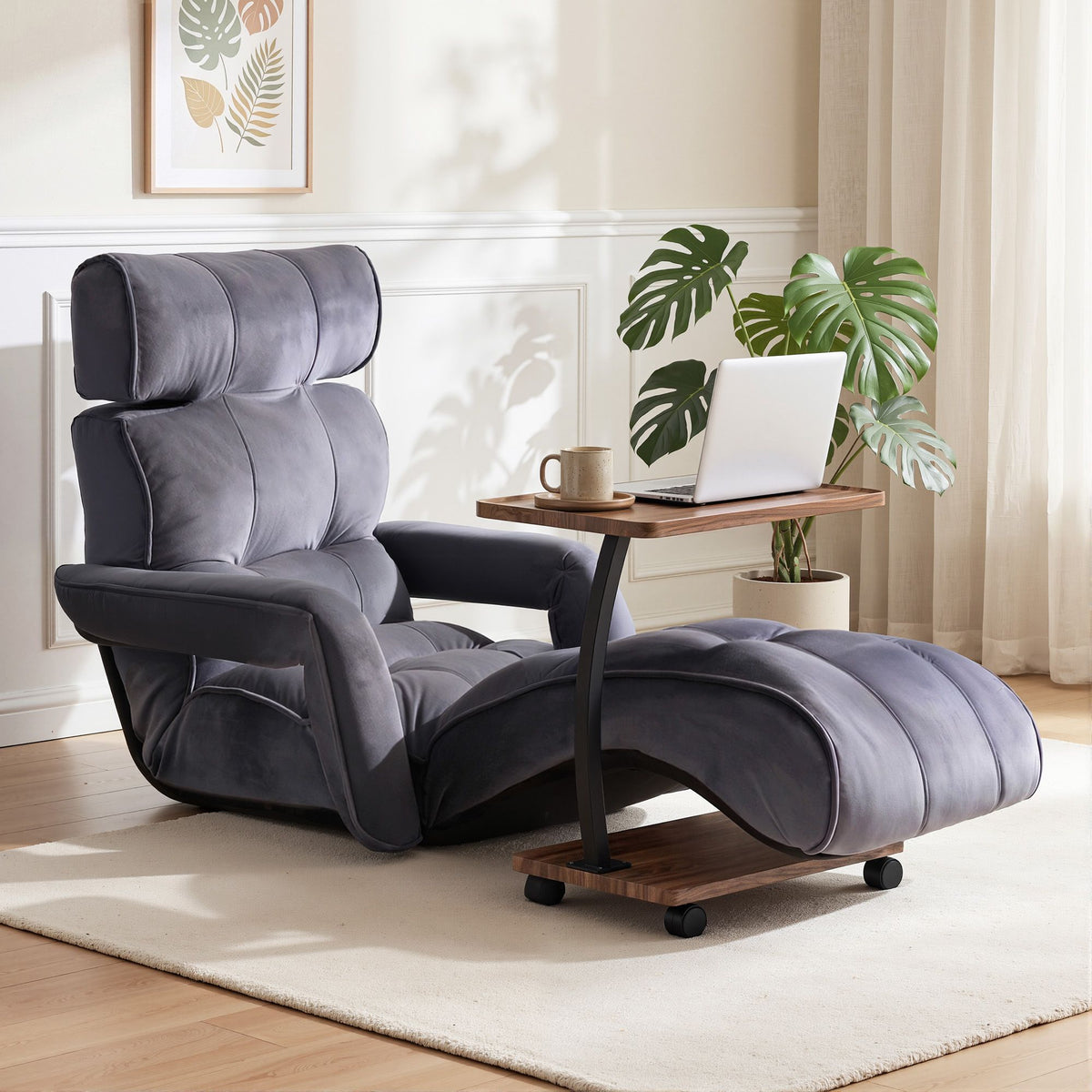 Floor Lounge & Coffee Table Set, Adjustable Recliner End Table w/ Wheels