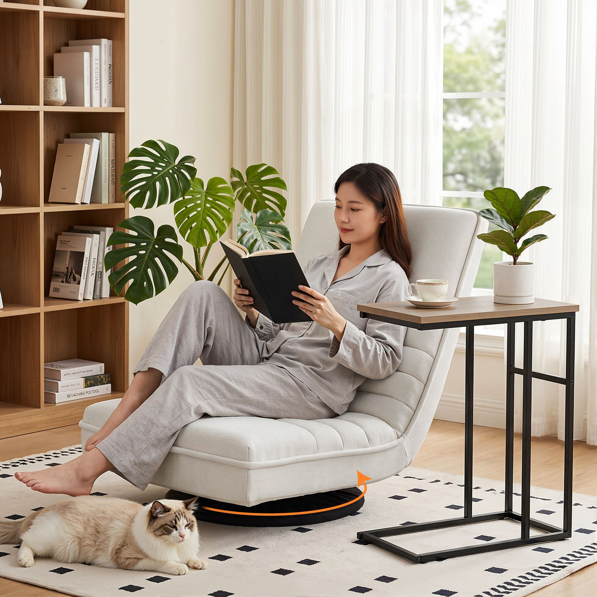 Floor Lounge & Coffee Table Set, Swviel Foldable Linen Sofa Chair White, C-Shaped Side Table Walnut