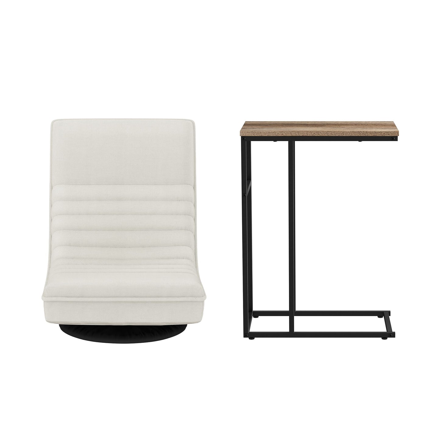 Floor Lounge & Coffee Table Set, Swviel Foldable Linen Sofa Chair White, C-Shaped Side Table Walnut