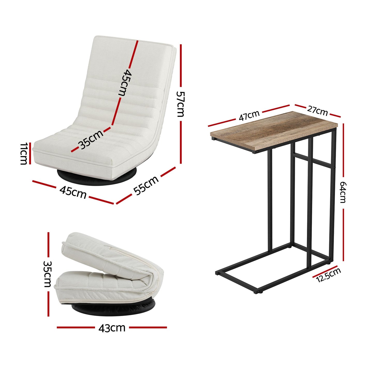 Floor Lounge & Coffee Table Set, Swviel Foldable Linen Sofa Chair White, C-Shaped Side Table Walnut