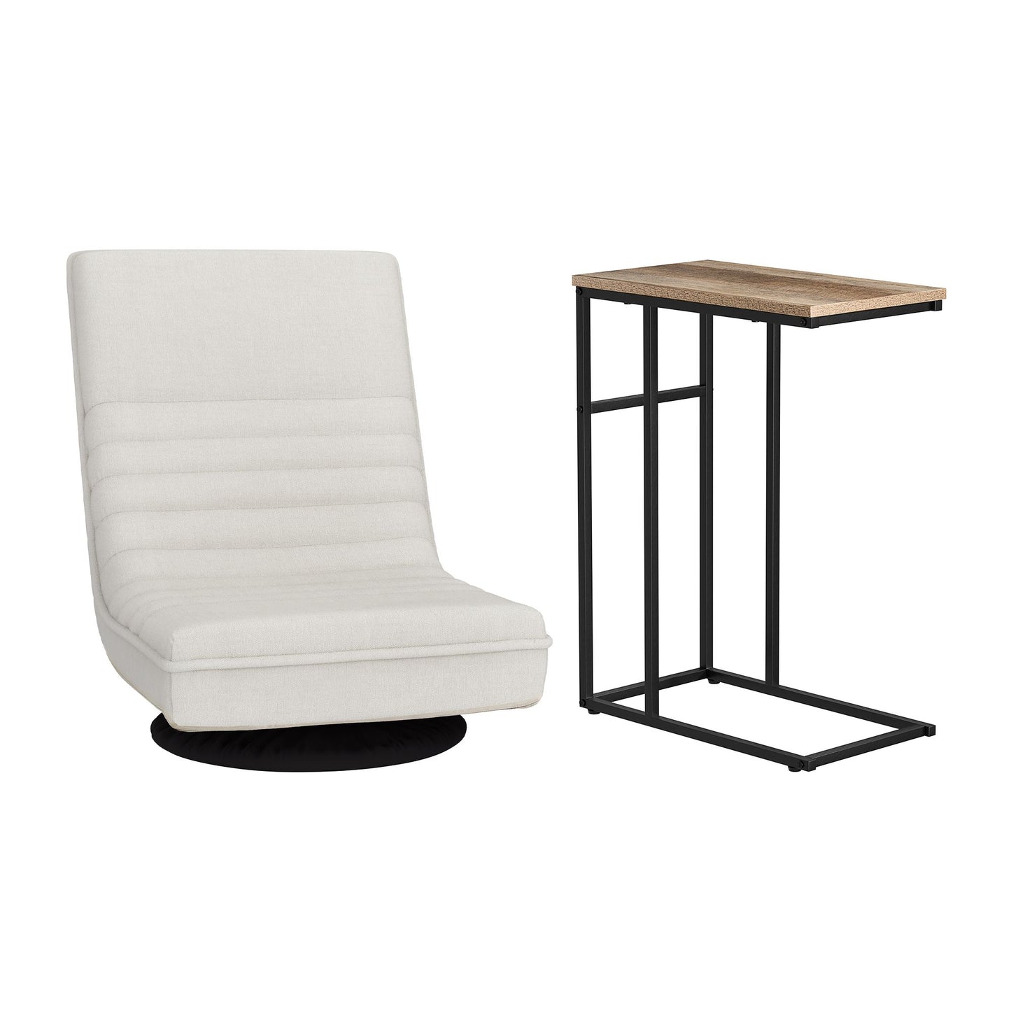 Floor Lounge & Coffee Table Set, Swviel Foldable Linen Sofa Chair White, C-Shaped Side Table Walnut
