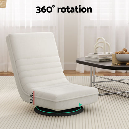 Floor Lounge & Coffee Table Set, Swviel Foldable Linen Sofa Chair White, C-Shaped Side Table Walnut