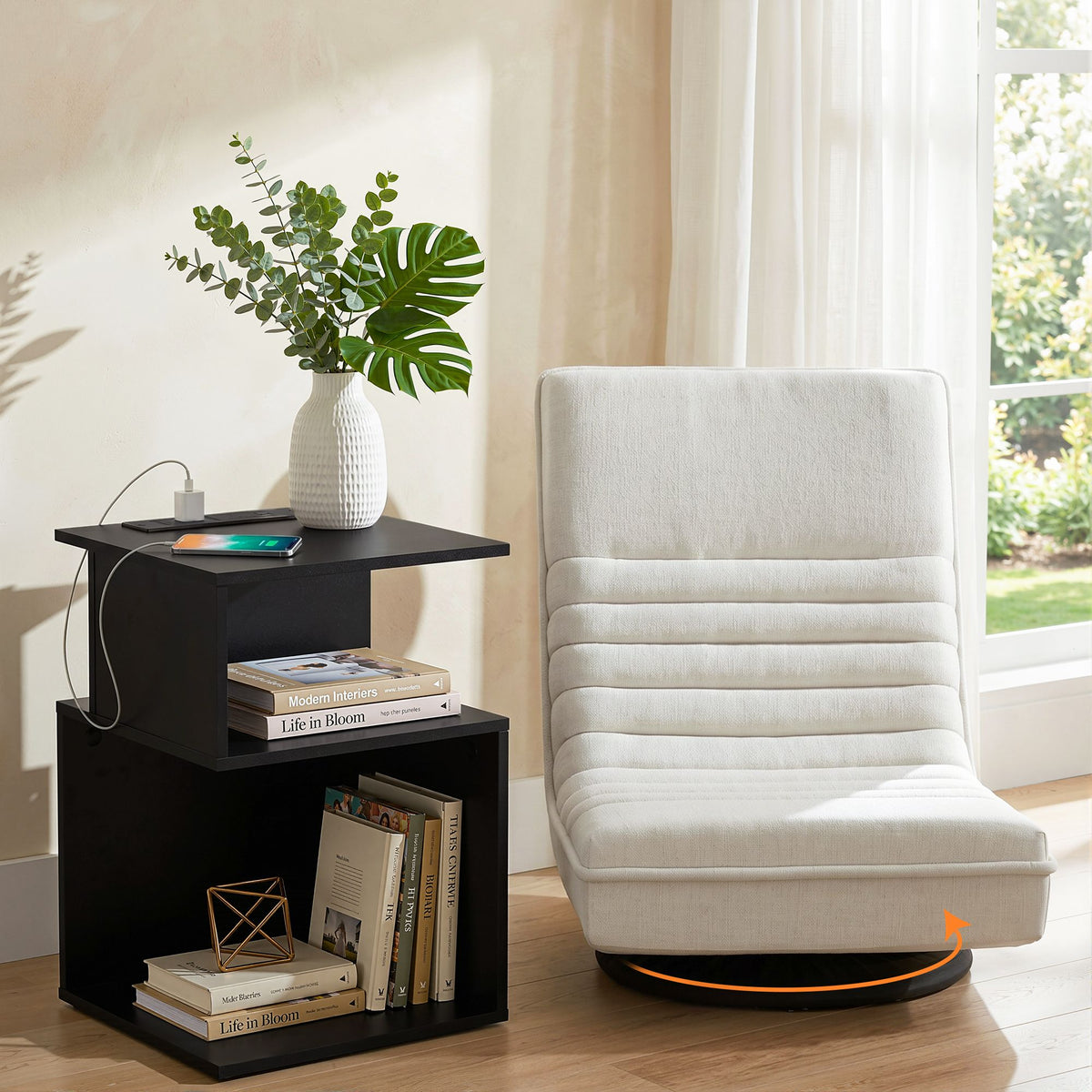 Swivel Floor Chair and Bedside Table with Charging Station Set