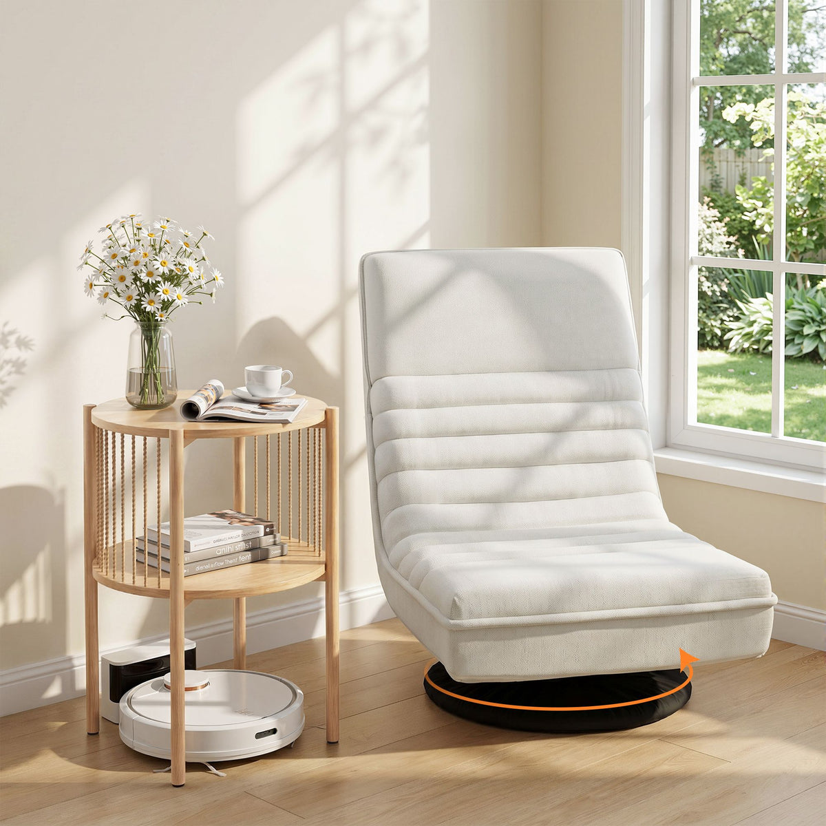 Floor Lounge Folding Swivel Sofa Chair and 2 Tier Round End Side Table Set