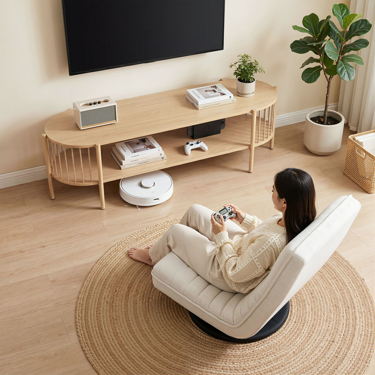 Swivel Floor Chair & TV Entertainment Unit with Storage Shelf Set