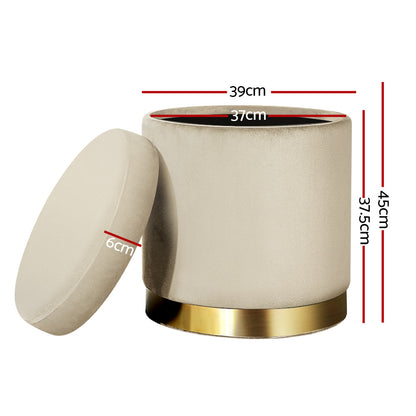 Artiss Ottoman Storage Foot Stool Round Velvet Cream Furniture > Living Room > Ottomans & Footstools